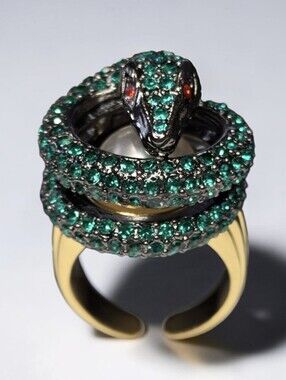 18k Gold Plated Coiled Snake Pearl Egg Emerald Crystal Statement Ring